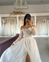 BMbride Vintage A - Line Tulle Lace Strapless Long Sleeve White Wedding Dresses With Split Front - Bmbride
